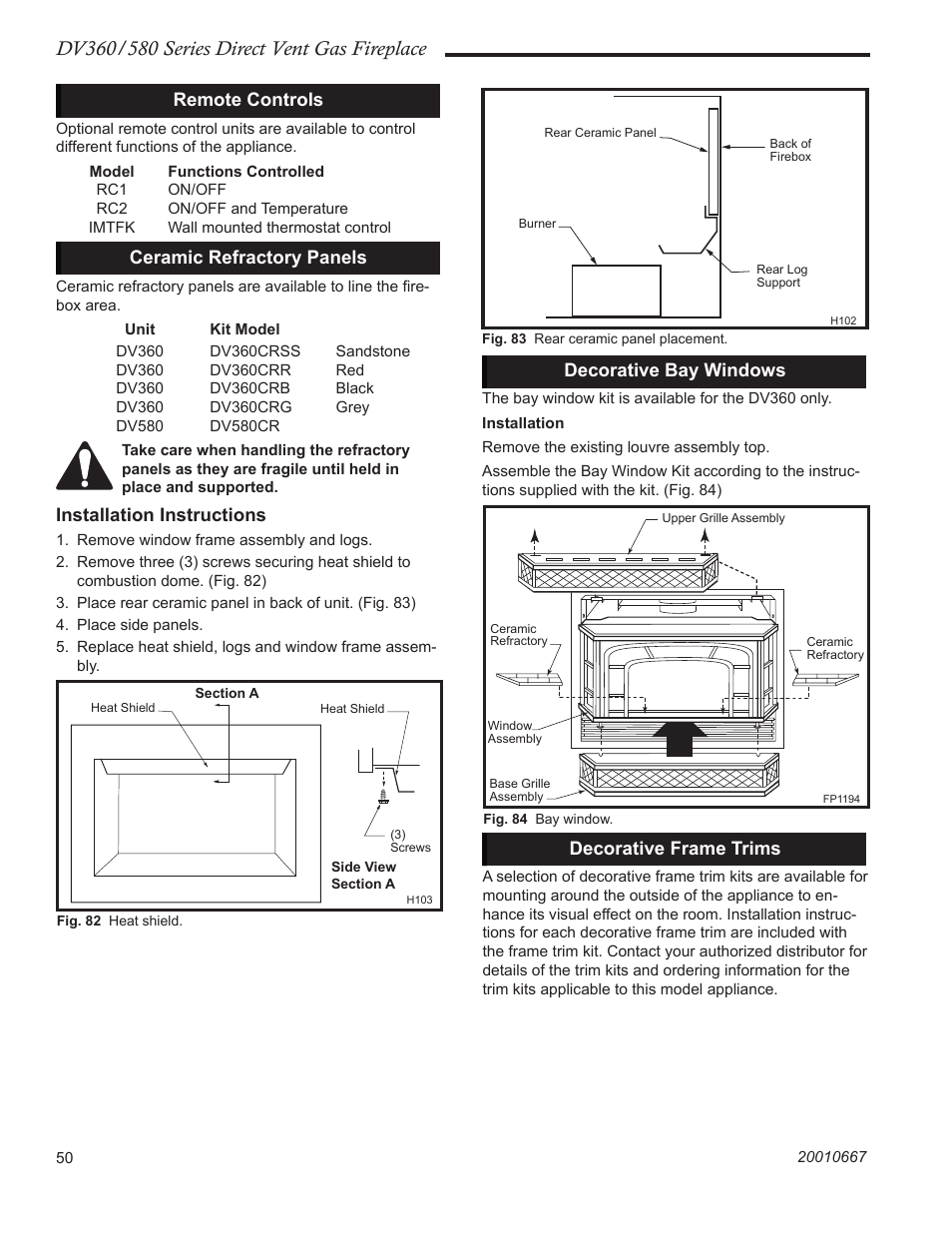 Remote controls, Ceramic refractory panels, Installation instructions | Decorative bay windows, Decorative frame trims | Vermont Casting DV580 User Manual | Page 50 / 56