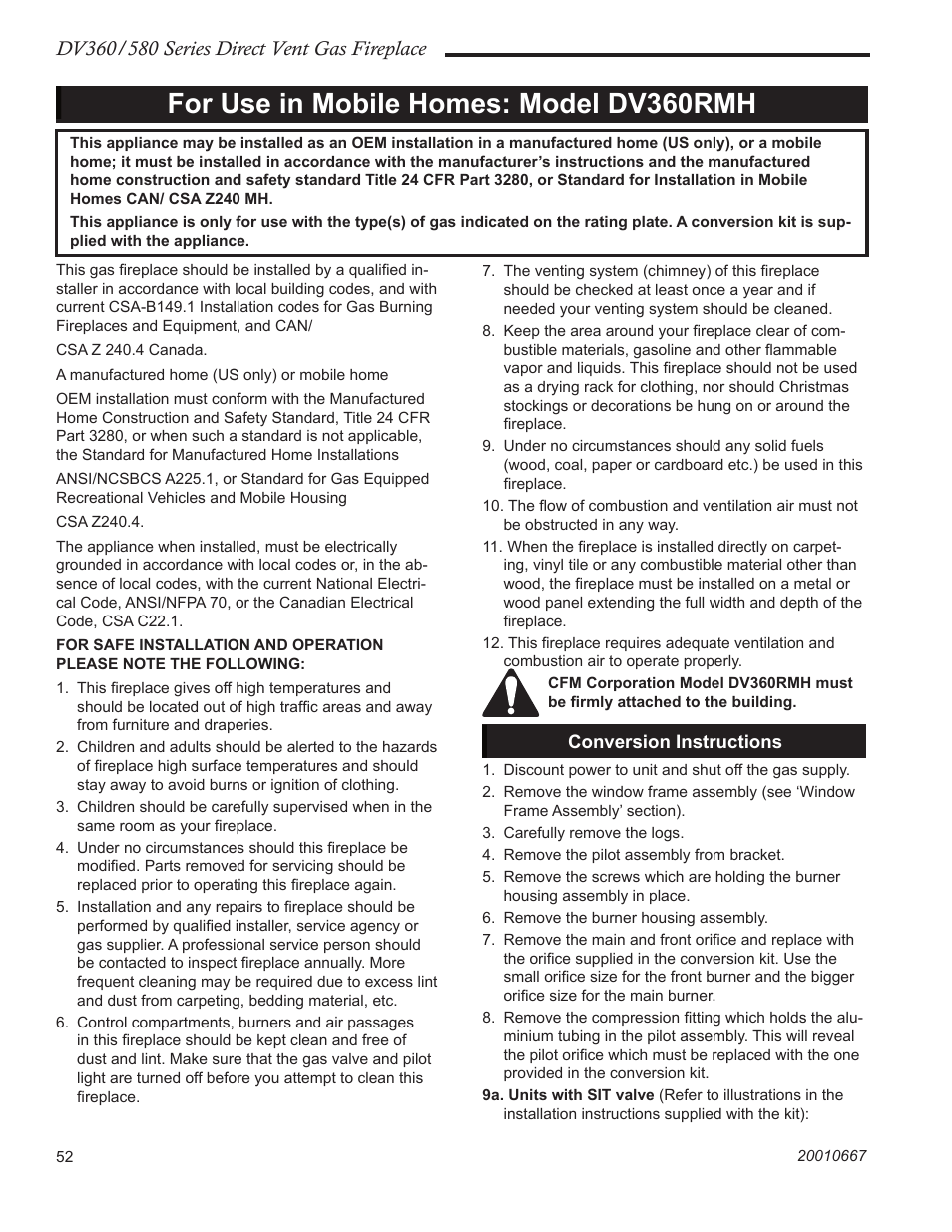 For use in mobile homes: model dv360rmh | Vermont Casting DV580 User Manual | Page 52 / 56