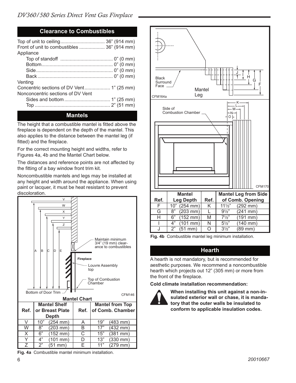 Clearance to combustibles, Mantels, Hearth | Vermont Casting DV580 User Manual | Page 6 / 56