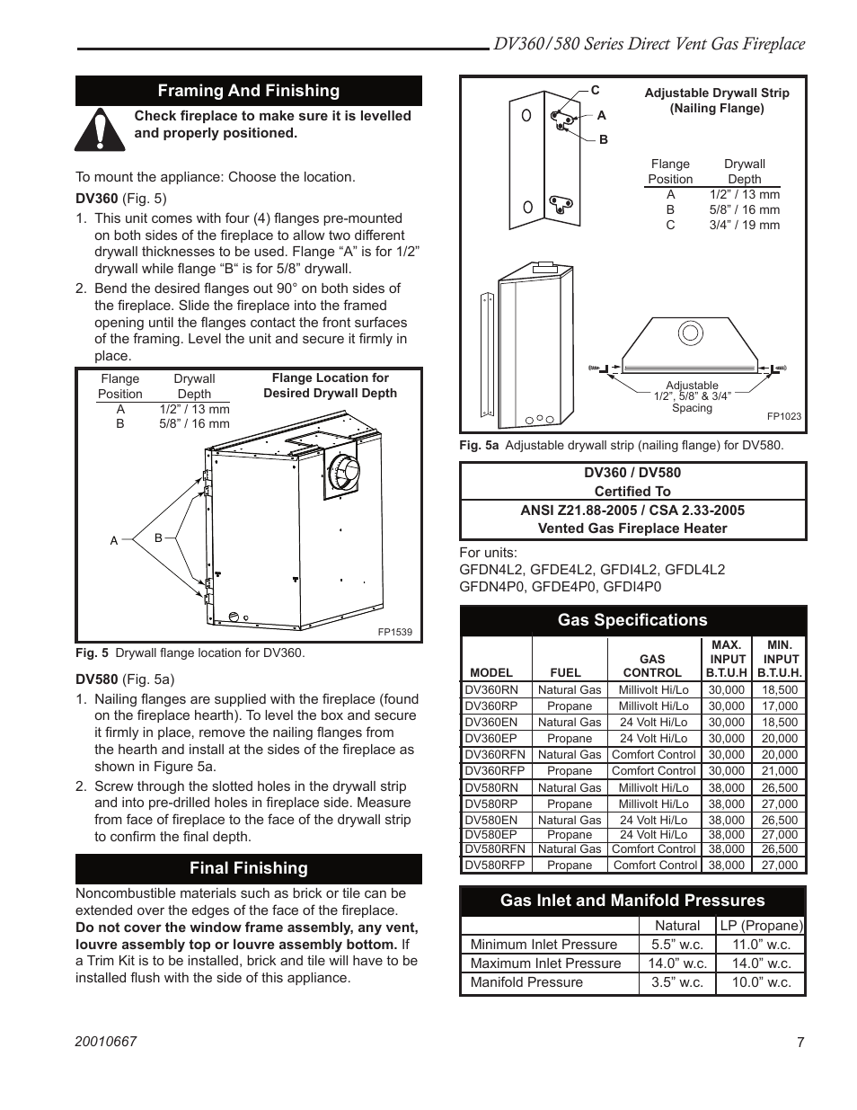 Framing and finishing, Final finishing, Gas speciﬁcations | Gas inlet and manifold pressures | Vermont Casting DV580 User Manual | Page 7 / 56