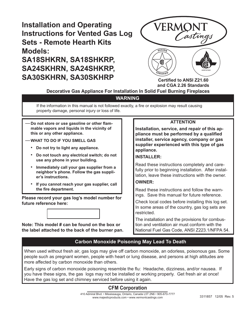 Vermont Casting SA30SKHRP User Manual | 20 pages