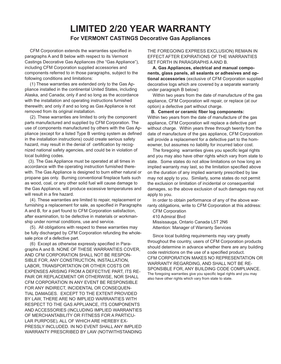 Limited 2/20 year warranty | Vermont Casting SA30SKHRP User Manual | Page 19 / 20