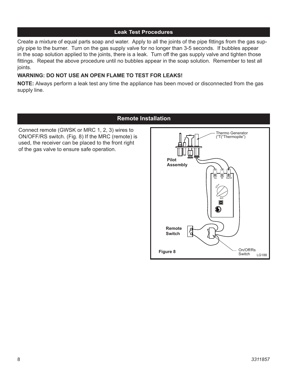 Remote installation, Leak test procedures, Lg188 aga pilot wiring | Vermont Casting SA30SKHRP User Manual | Page 8 / 20