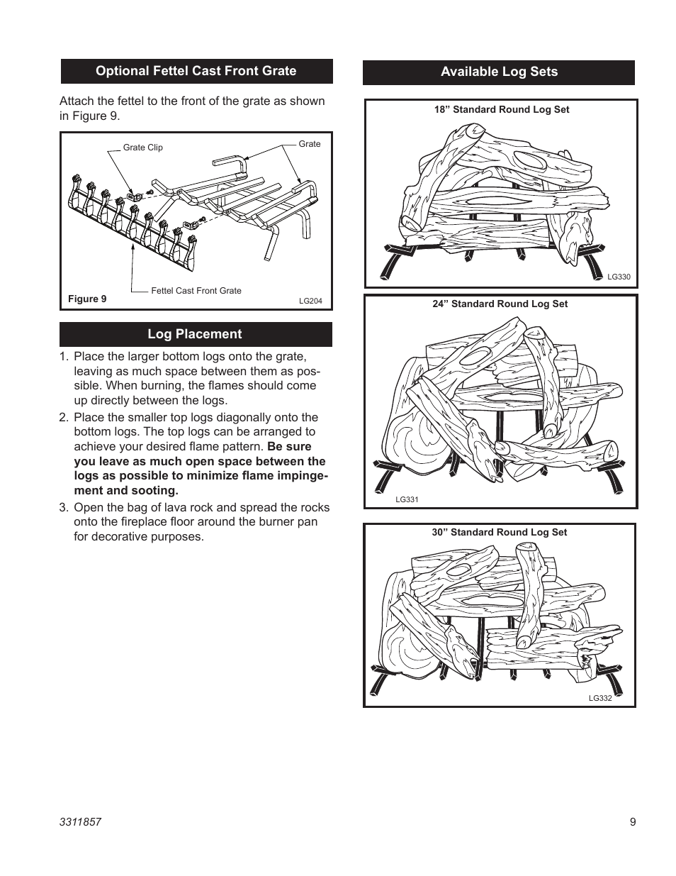 Optional fettel cast front grate, Log placement, Available log sets | Vermont Casting SA30SKHRP User Manual | Page 9 / 20
