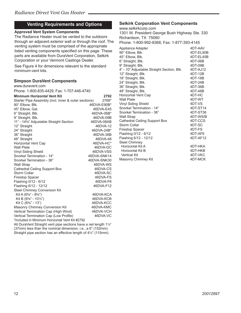 Radiance direct vent gas heater, Venting requirements and options | Vermont Casting RADVTCBB User Manual | Page 12 / 52