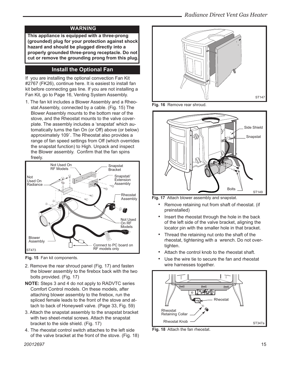 Radiance direct vent gas heater, Install the optional fan, Warning | Vermont Casting RADVTCBB User Manual | Page 15 / 52