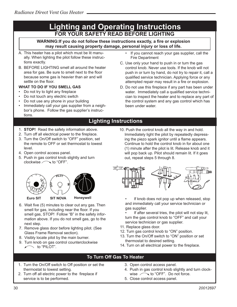 Lighting and operating instructions, For your safety read before lighting, Lighting instructions | Radiance direct vent gas heater | Vermont Casting RADVTCBB User Manual | Page 30 / 52