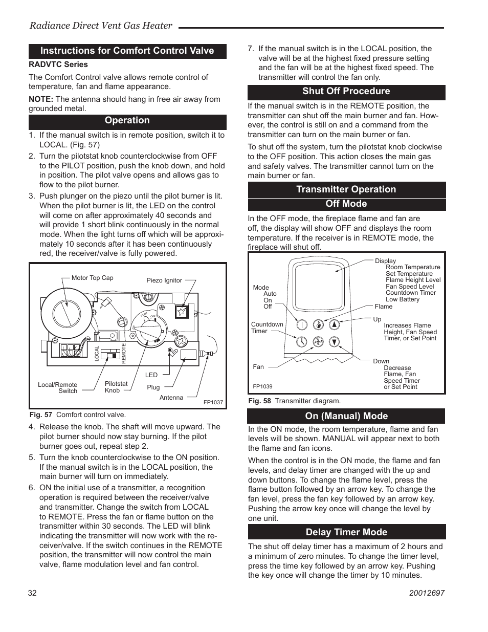 Radiance direct vent gas heater, Instructions for comfort control valve, Operation | Shut off procedure, Transmitter operation off mode, On (manual) mode, Delay timer mode | Vermont Casting RADVTCBB User Manual | Page 32 / 52