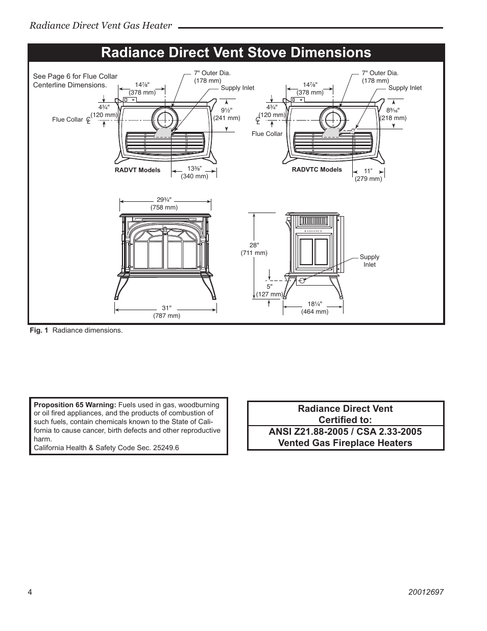 Radiance direct vent stove dimensions, Radiance direct vent gas heater | Vermont Casting RADVTCBB User Manual | Page 4 / 52