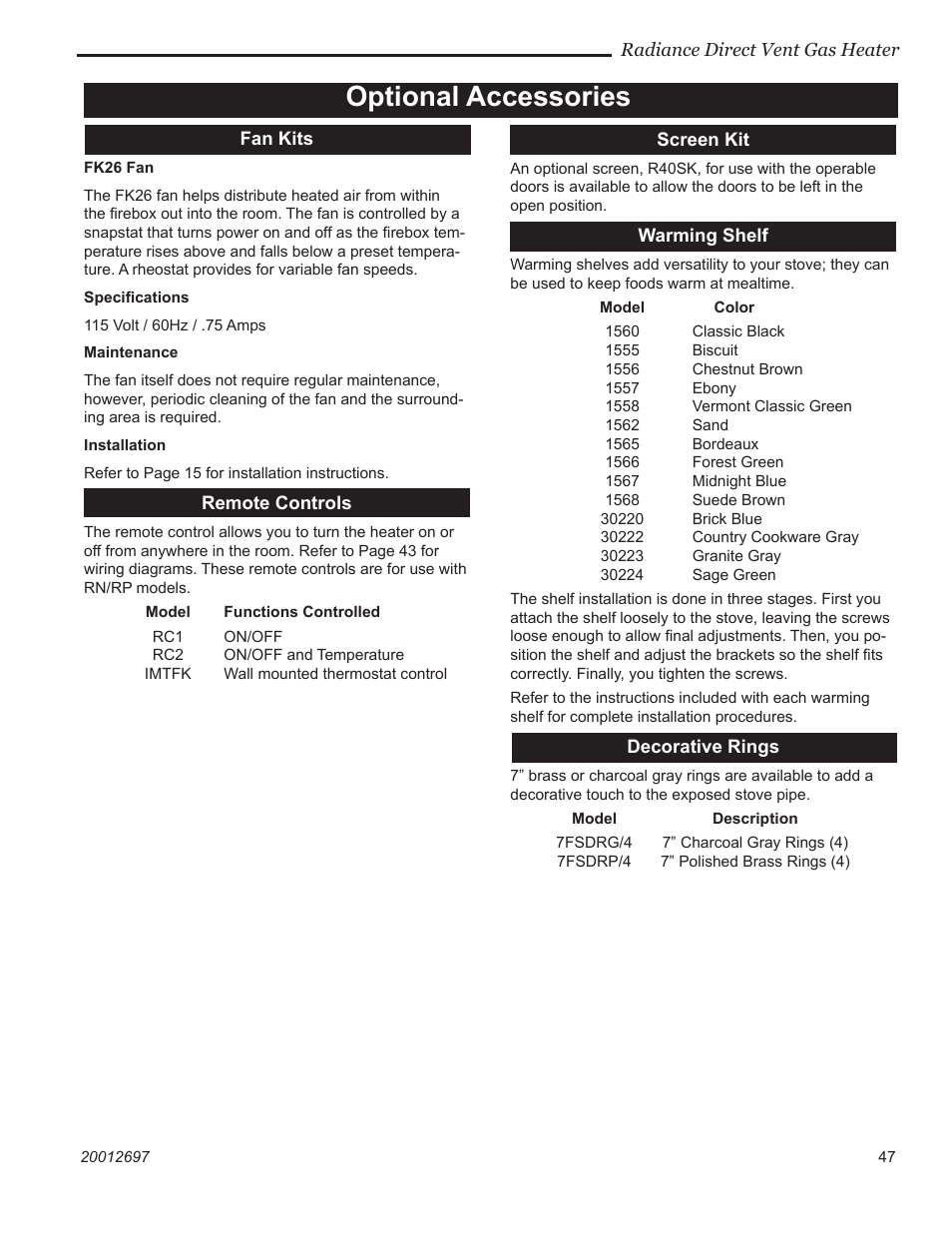 Optional accessories | Vermont Casting RADVTCBB User Manual | Page 47 / 52