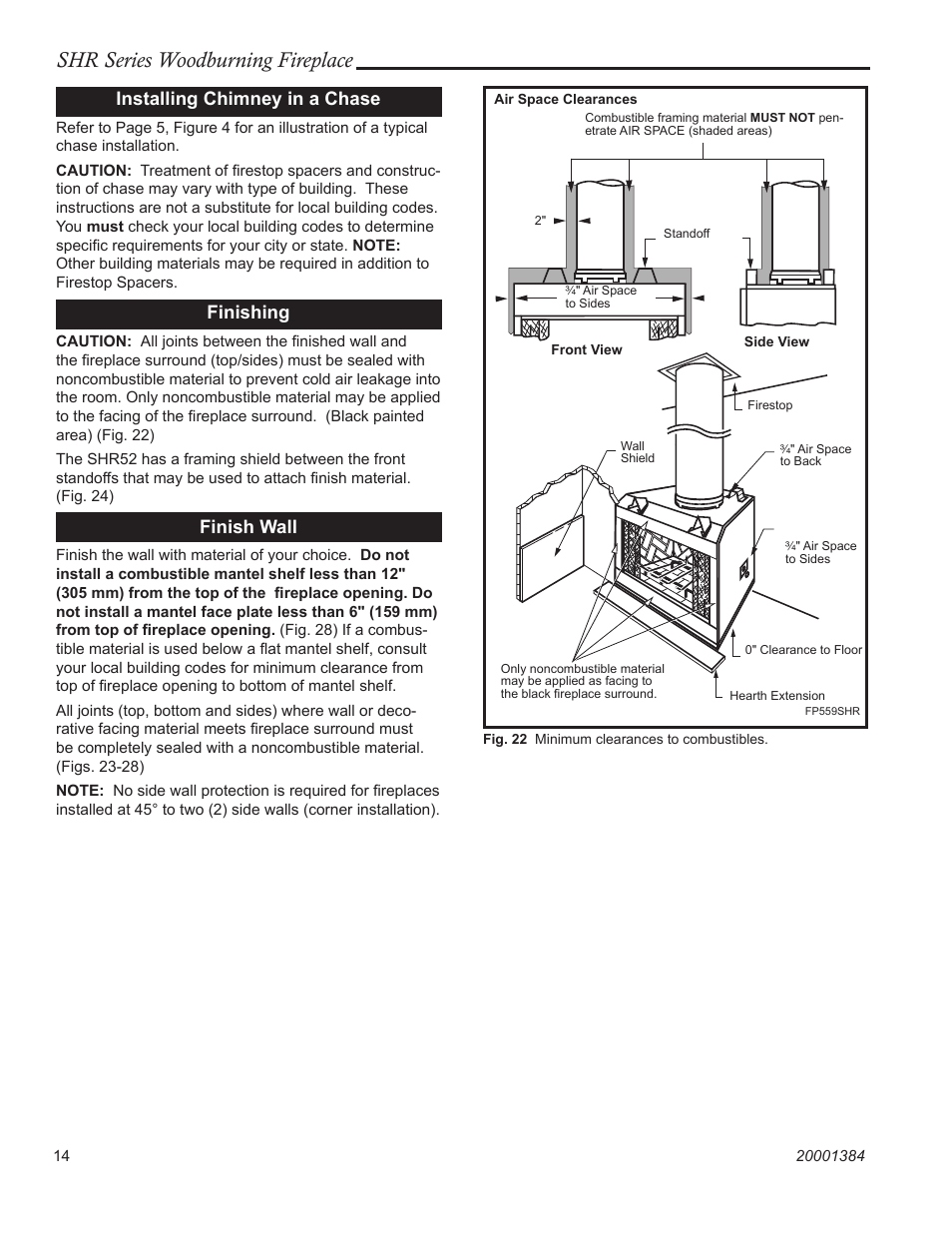 Shr series woodburning fireplace, Installing chimney in a chase, Finishing | Finish wall | Vermont Casting SHR36 User Manual | Page 14 / 24