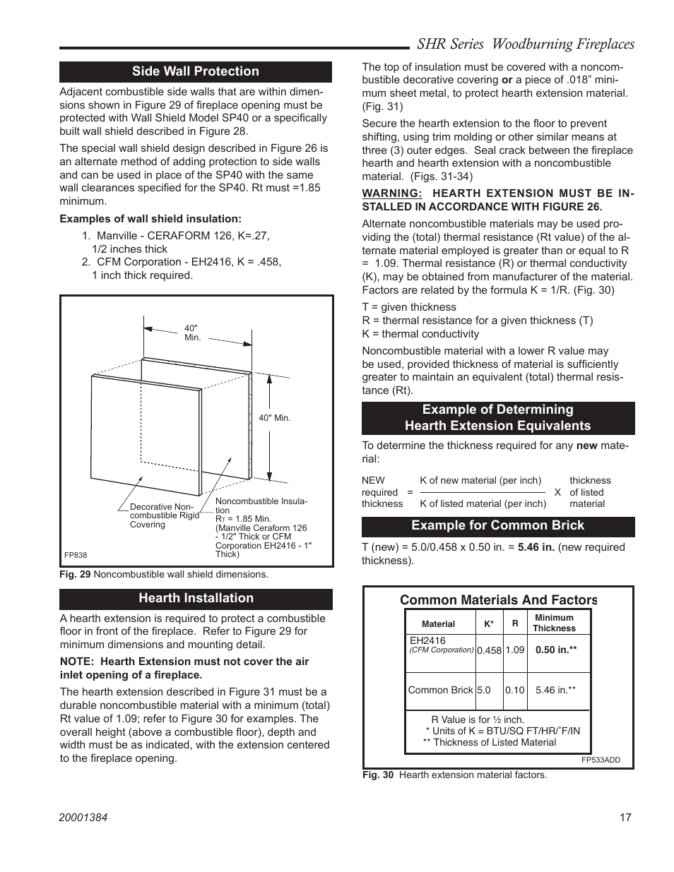 Shr series woodburning fireplaces, Side wall protection, Hearth installation | Common materials and factors, Example for common brick | Vermont Casting SHR36 User Manual | Page 17 / 24