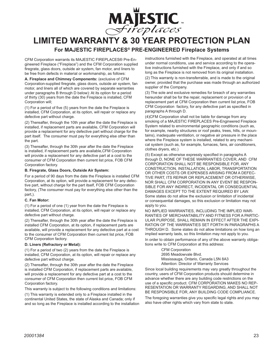Limited warranty & 30 year protection plan, Shr series woodburning fireplaces | Vermont Casting SHR36 User Manual | Page 23 / 24