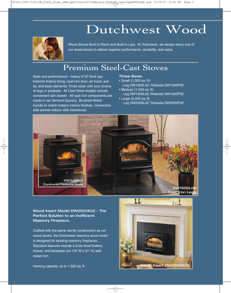 Dutchwest wood, Premium steel-cast stoves | Vermont Casting DutchWest CDW247001 User Manual | Page 2 / 4