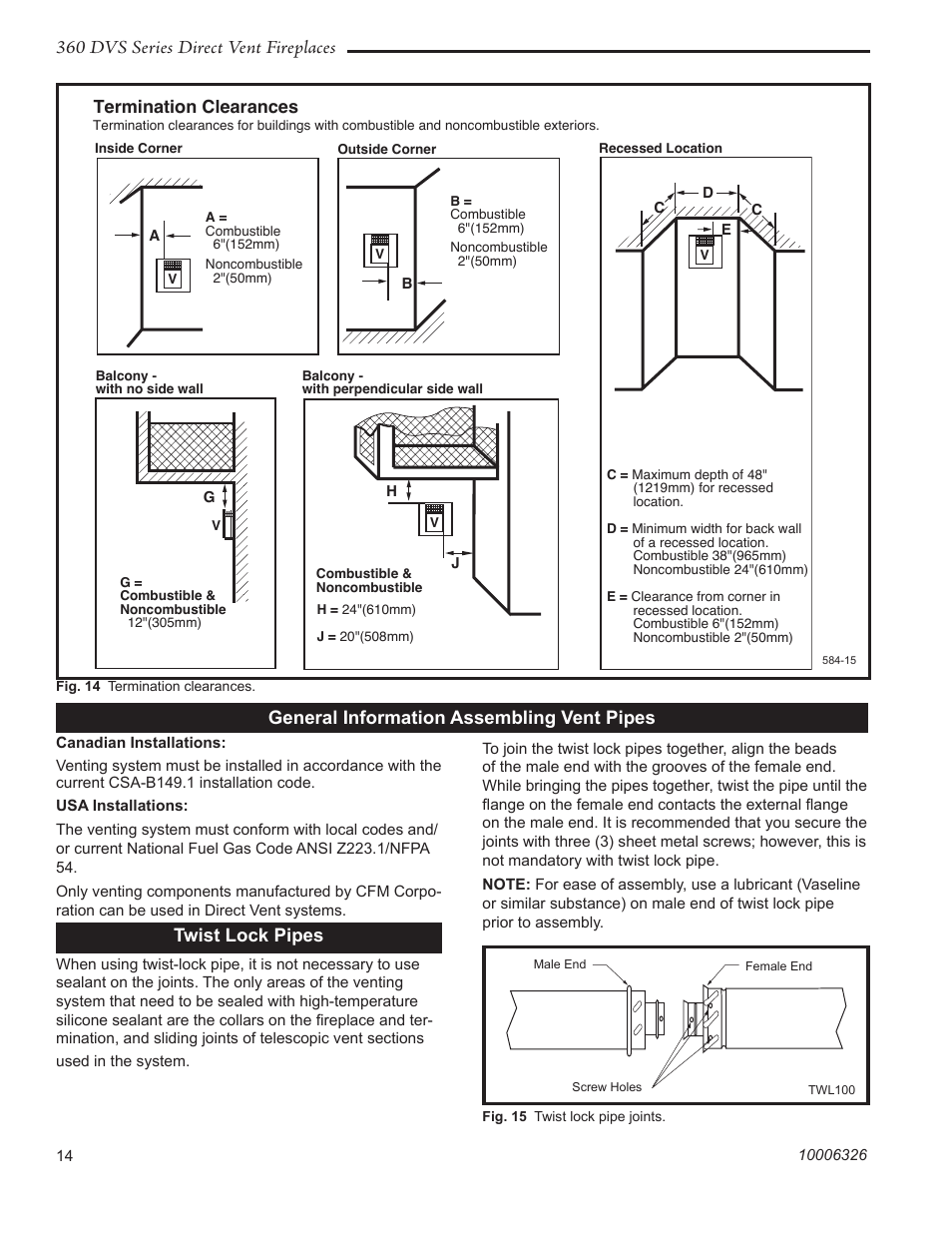 360 dvs series direct vent fireplaces, Termination clearances, General information assembling vent pipes | Twist lock pipes | Vermont Casting 360DVS3 User Manual | Page 13 / 31