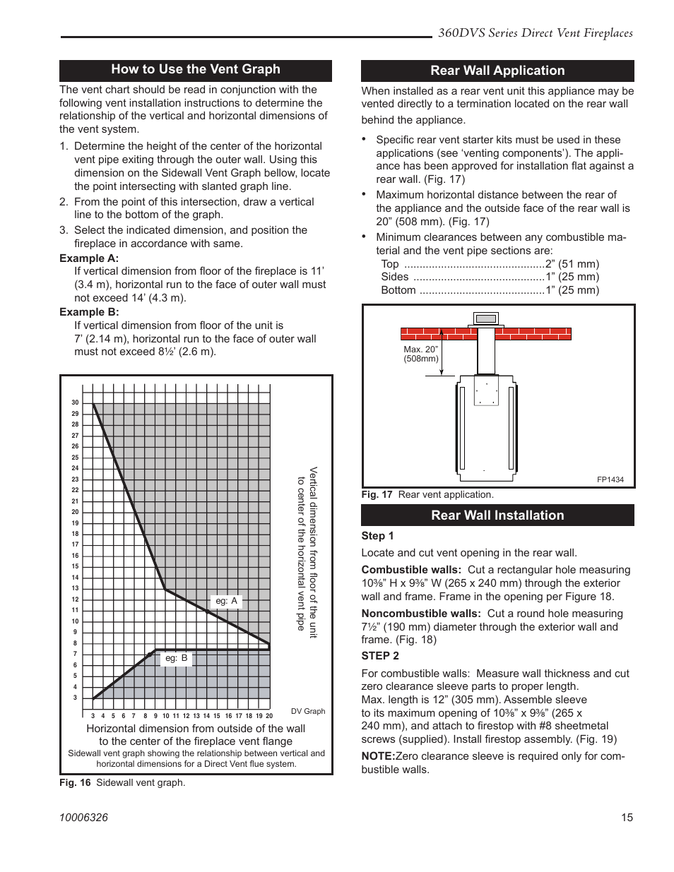 360dvs series direct vent fireplaces, How to use the vent graph, Rear wall application | Rear wall installation | Vermont Casting 360DVS3 User Manual | Page 14 / 31