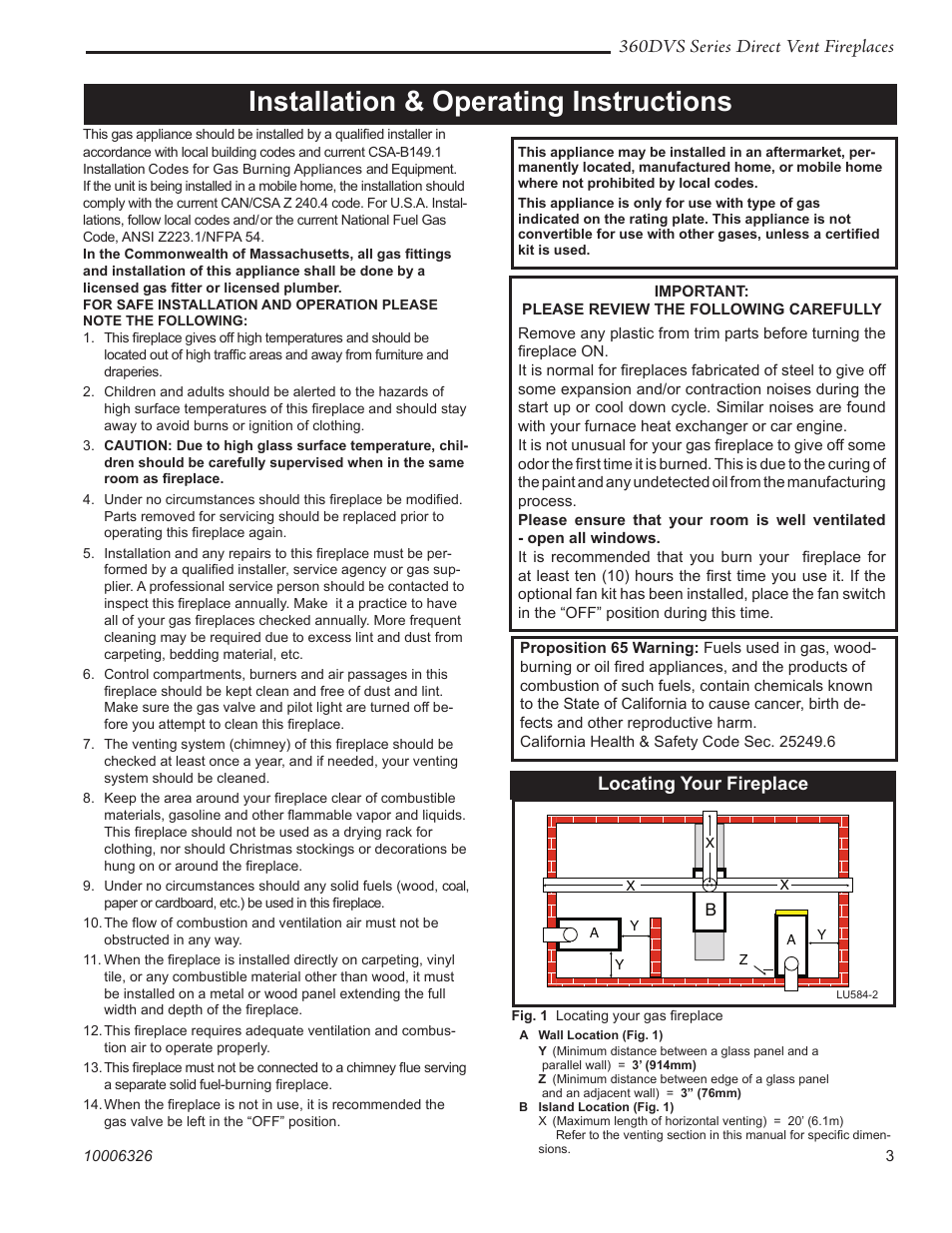 Installation & operating instructions, 360dvs series direct vent fireplaces, Locating your fireplace | Vermont Casting 360DVS3 User Manual | Page 2 / 31