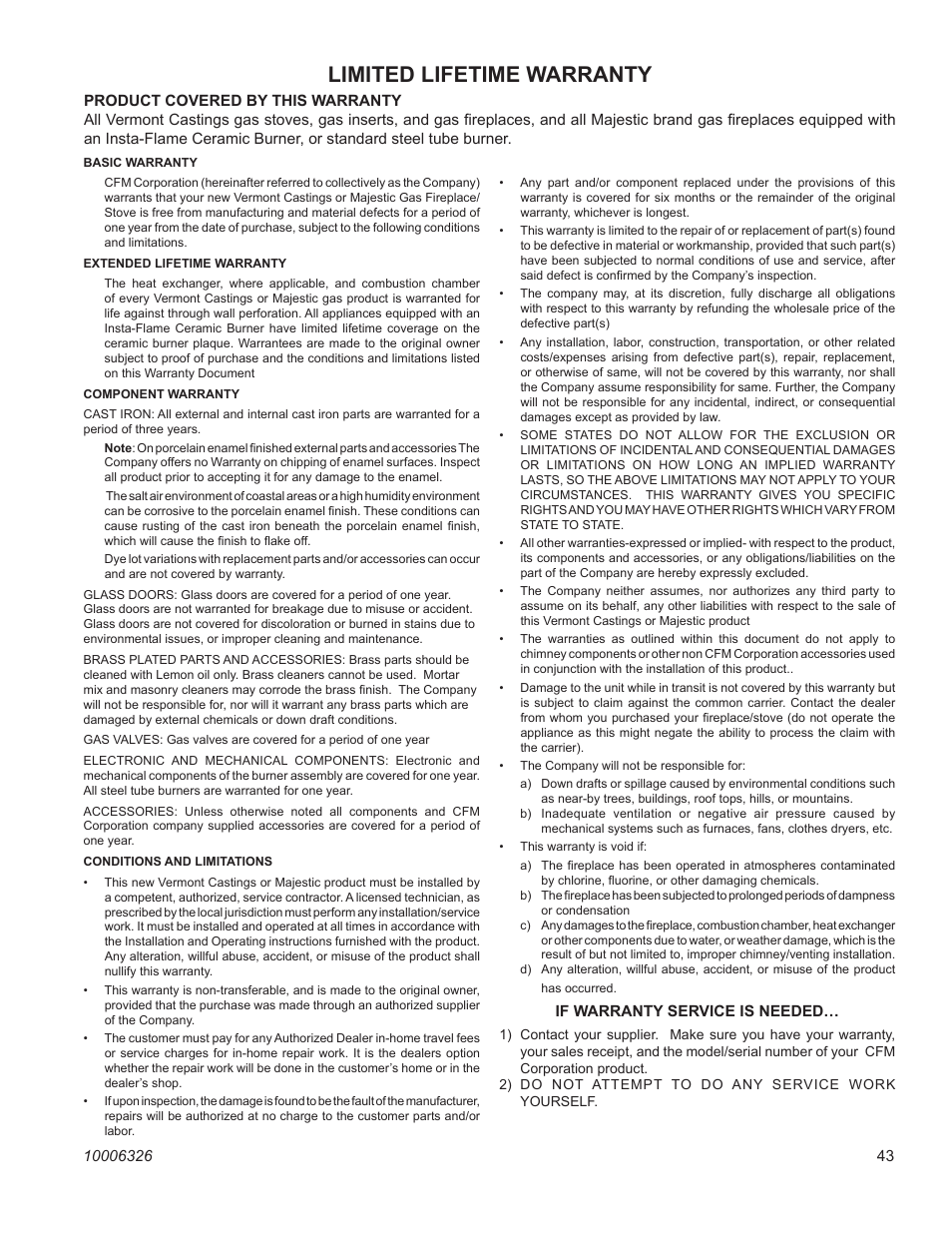 Limited lifetime warranty, 360dvs series direct vent fireplaces | Vermont Casting 360DVS3 User Manual | Page 30 / 31