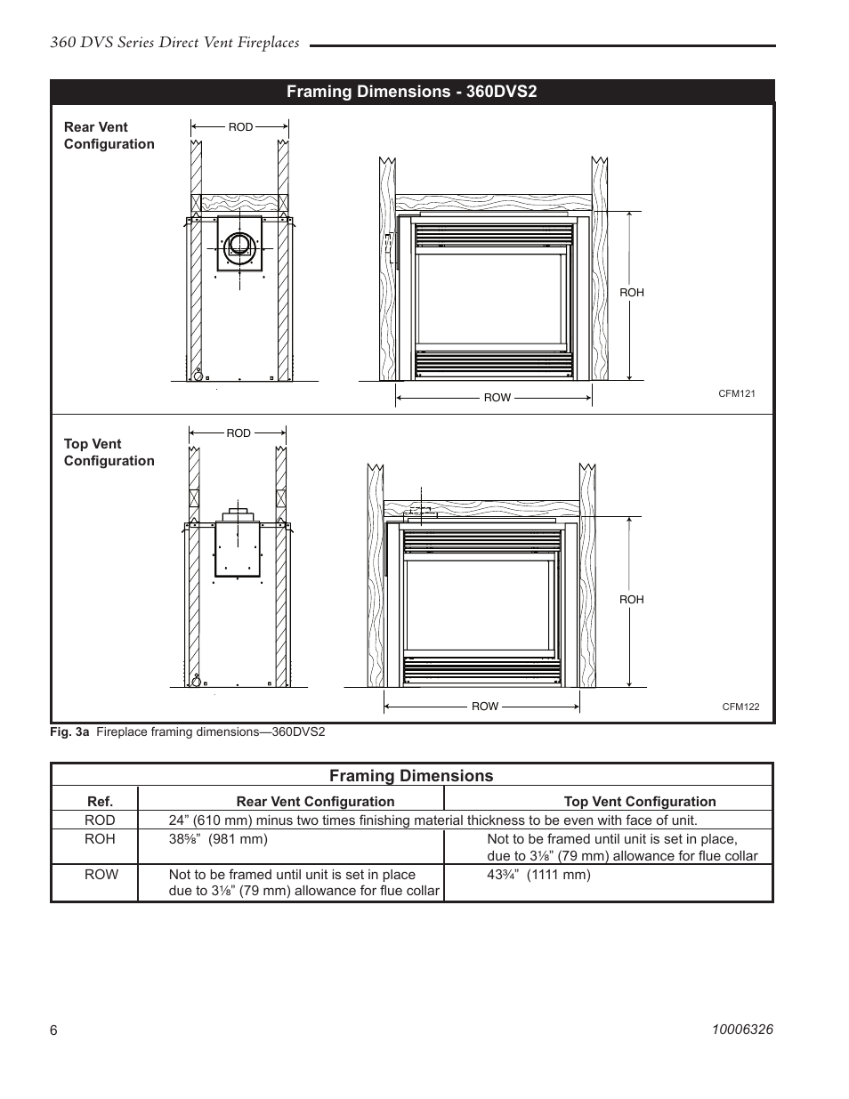 360 dvs series direct vent fireplaces, Framing dimensions - 360dvs2, Framing dimensions | Vermont Casting 360DVS3 User Manual | Page 5 / 31