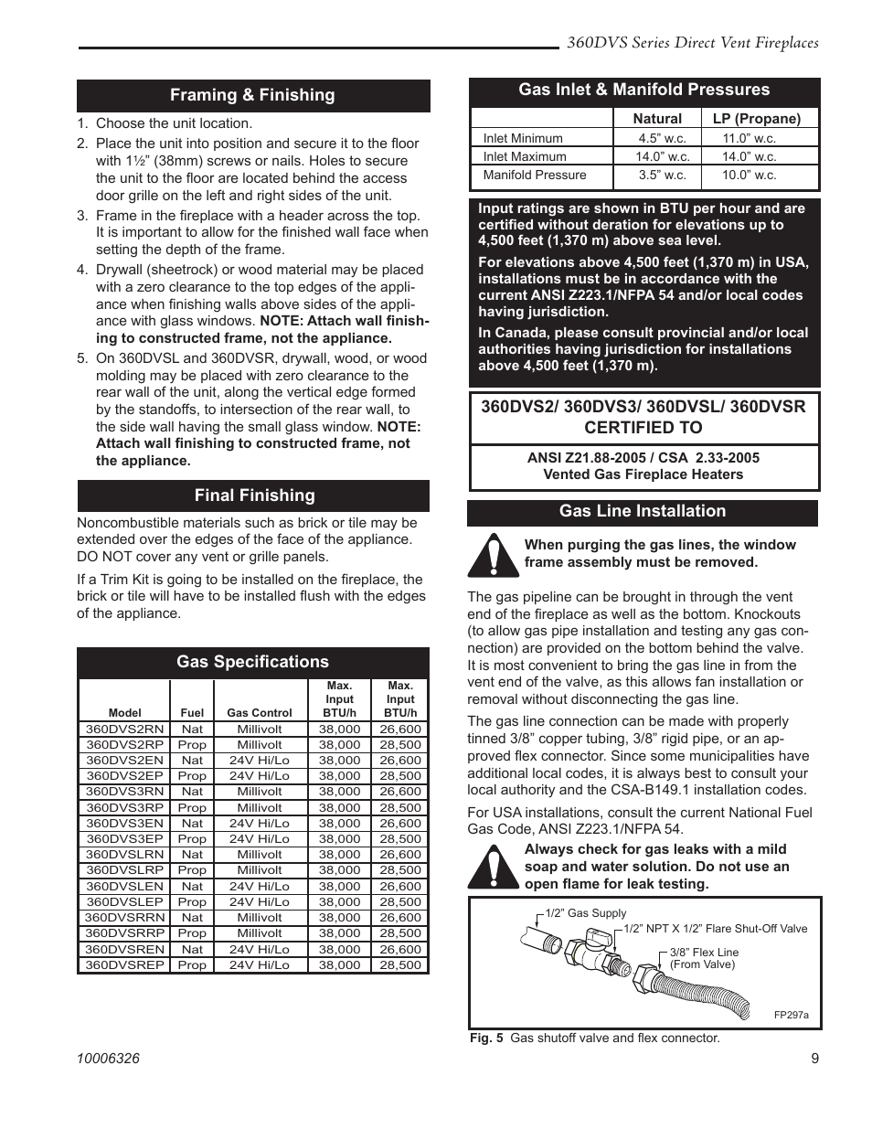 360dvs series direct vent fireplaces, Final finishing, Framing & finishing | Gas inlet & manifold pressures, Gas line installation | Vermont Casting 360DVS3 User Manual | Page 8 / 31