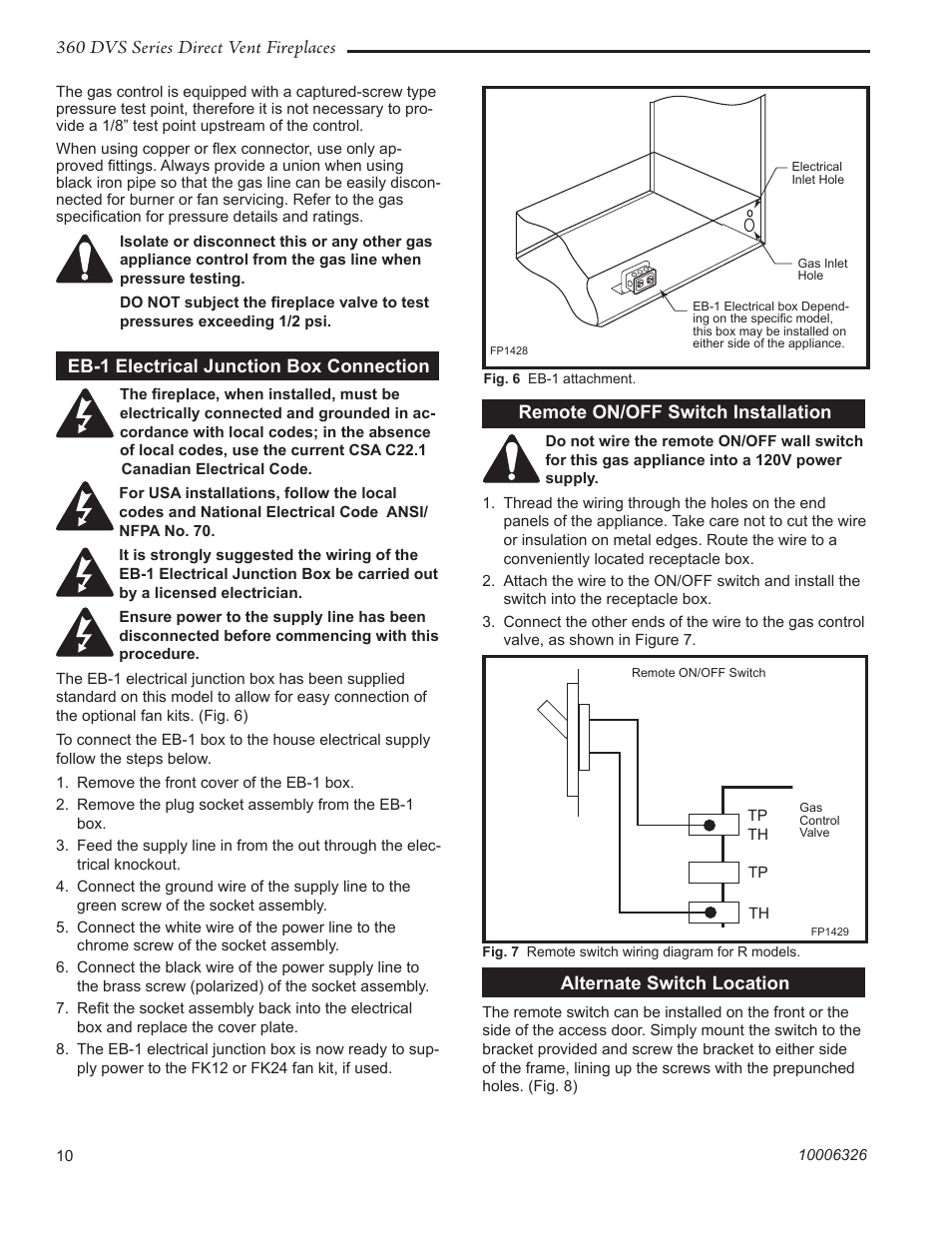 360 dvs series direct vent fireplaces, Eb-1 electrical junction box connection, Remote on/off switch installation | Alternate switch location | Vermont Casting 360DVS3 User Manual | Page 9 / 31