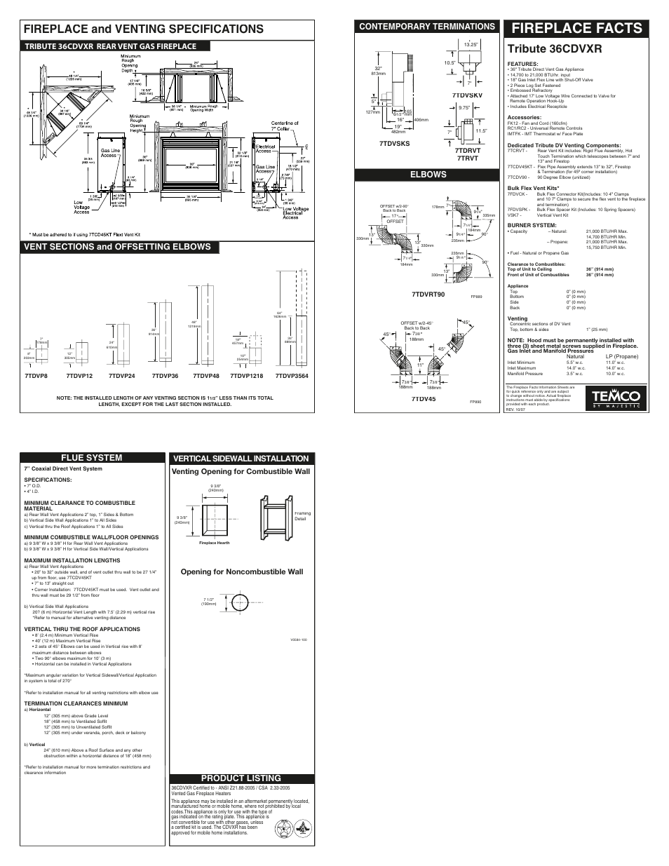 Fireplace facts, Fireplace and venting specifications, Tribute 36cdvxr | Contemporary terminations, Elbows, Flue system, Product listing, Tribute 36cdvxr rear vent gas fireplace, Vertical sidewall installation, Vertical side wall installations | Vermont Casting 7TDVP24 User Manual | Page 2 / 3