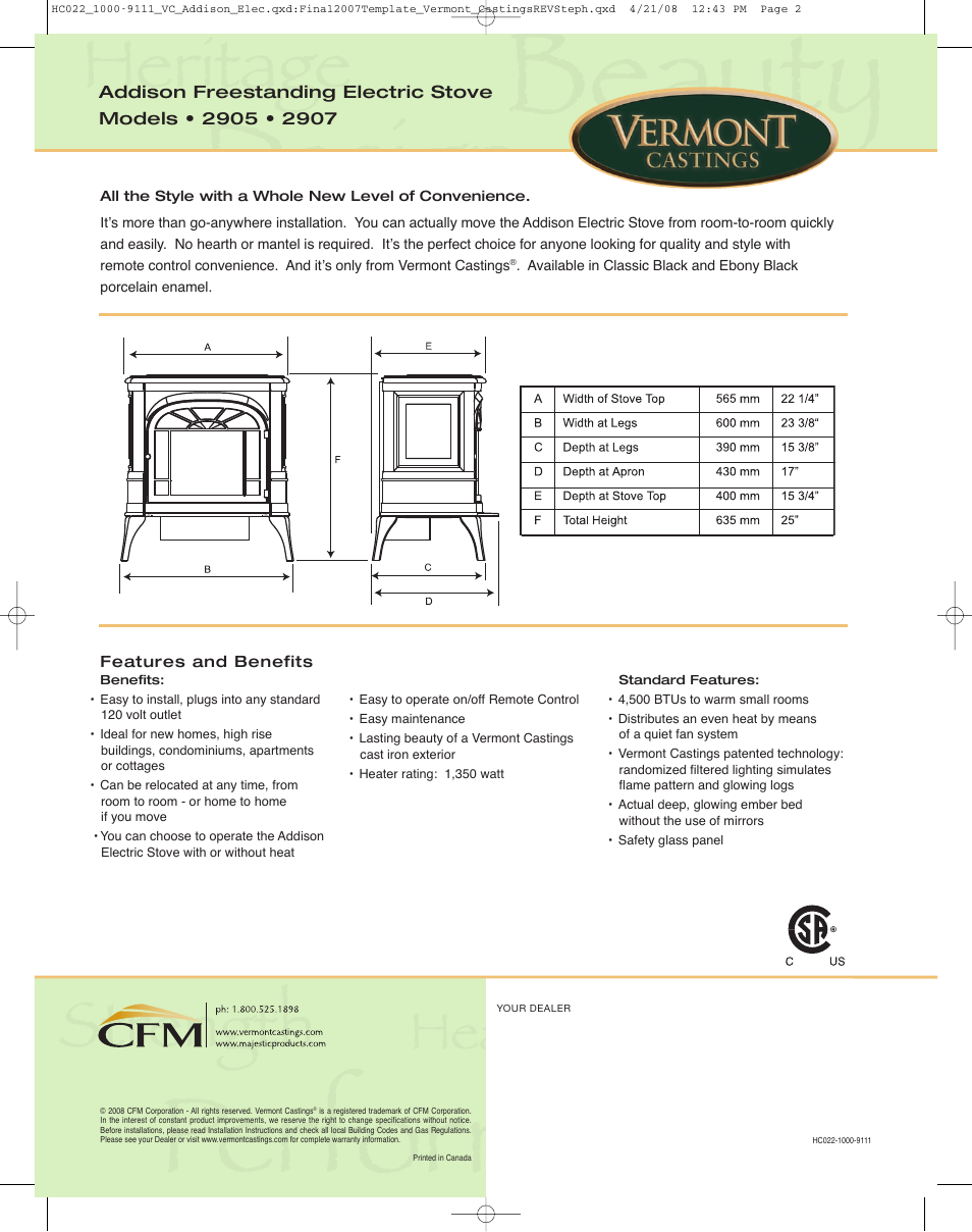 Features and benefits | Vermont Casting Addison 2905 User Manual | Page 2 / 2