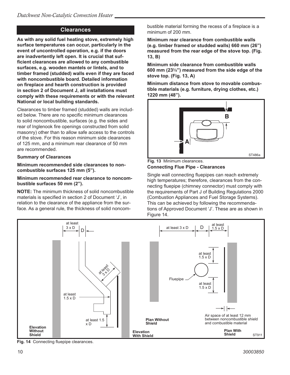 Dutchwest non-catalytic convection heater, Clearances | Vermont Casting Non-Catalytic Convection Heater 2478CE User Manual | Page 10 / 28