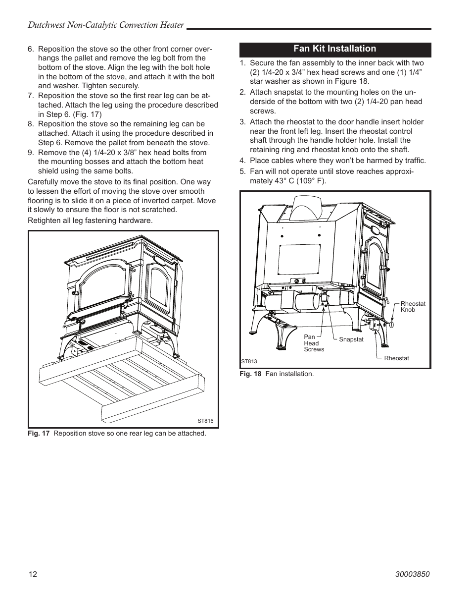 Dutchwest non-catalytic convection heater, Fan kit installation | Vermont Casting Non-Catalytic Convection Heater 2478CE User Manual | Page 12 / 28
