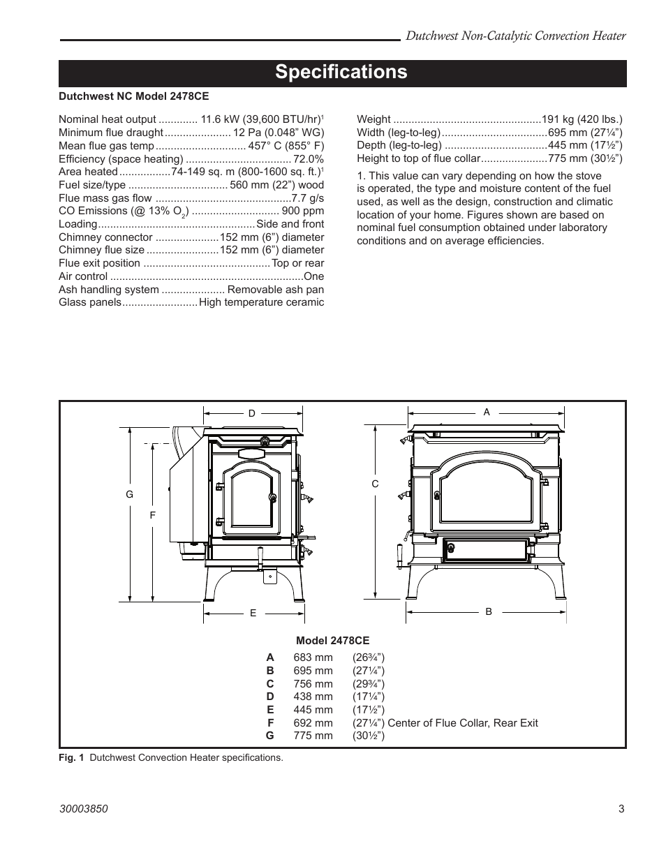 Speciﬁcations | Vermont Casting Non-Catalytic Convection Heater 2478CE User Manual | Page 3 / 28