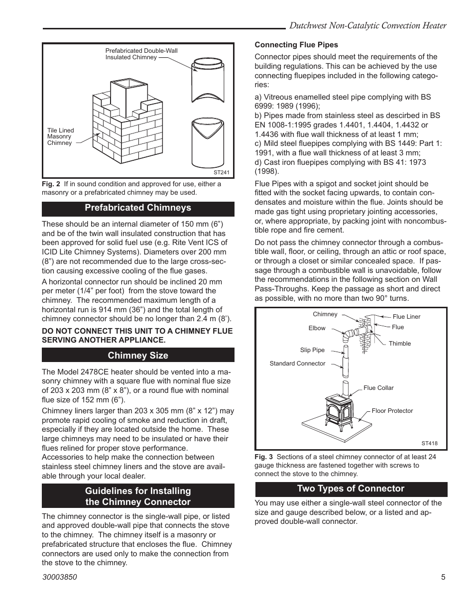 Dutchwest non-catalytic convection heater, Prefabricated chimneys, Chimney size | Guidelines for installing the chimney connector, Two types of connector | Vermont Casting Non-Catalytic Convection Heater 2478CE User Manual | Page 5 / 28