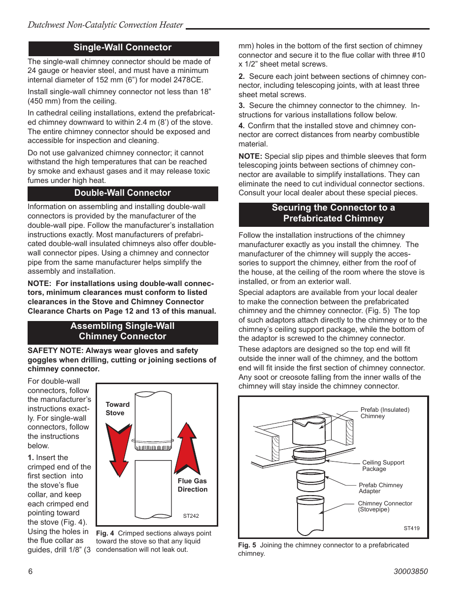 Dutchwest non-catalytic convection heater, Single-wall connector, Double-wall connector | Assembling single-wall chimney connector, Securing the connector to a prefabricated chimney | Vermont Casting Non-Catalytic Convection Heater 2478CE User Manual | Page 6 / 28