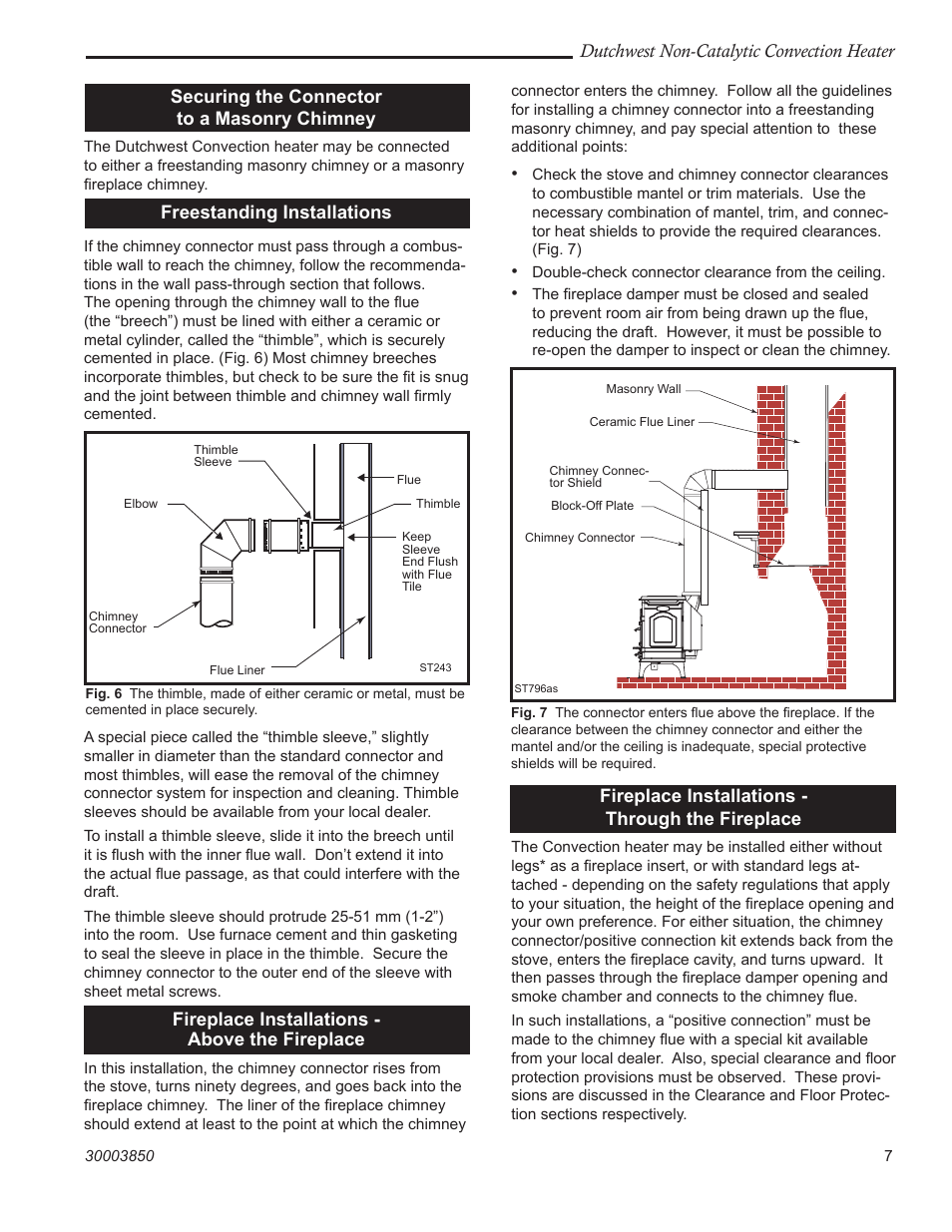 Dutchwest non-catalytic convection heater, Securing the connector to a masonry chimney, Freestanding installations | Fireplace installations - above the fireplace, Fireplace installations - through the fireplace | Vermont Casting Non-Catalytic Convection Heater 2478CE User Manual | Page 7 / 28