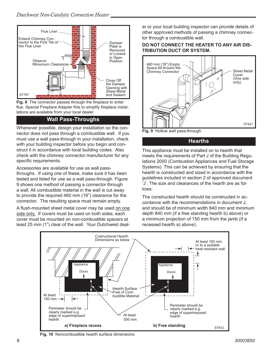 Dutchwest non-catalytic convection heater, Wall pass-throughs, Hearths | Vermont Casting Non-Catalytic Convection Heater 2478CE User Manual | Page 8 / 28