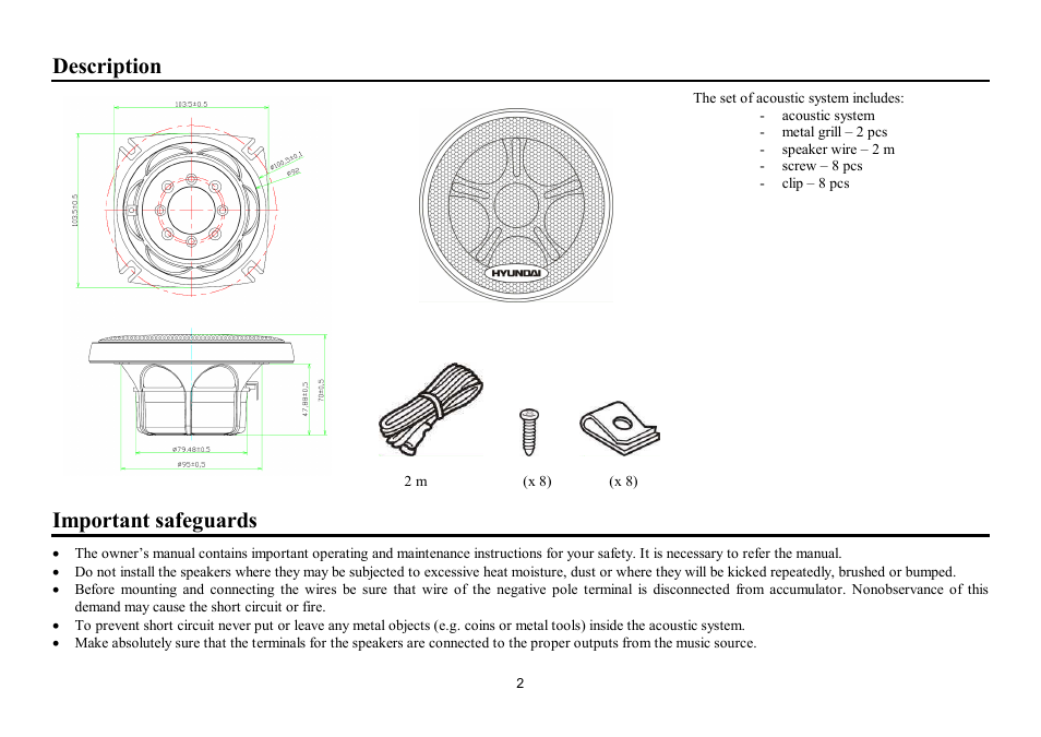 Description, Important safeguards | Hyundai H-CSF402 User Manual | Page 2 / 12