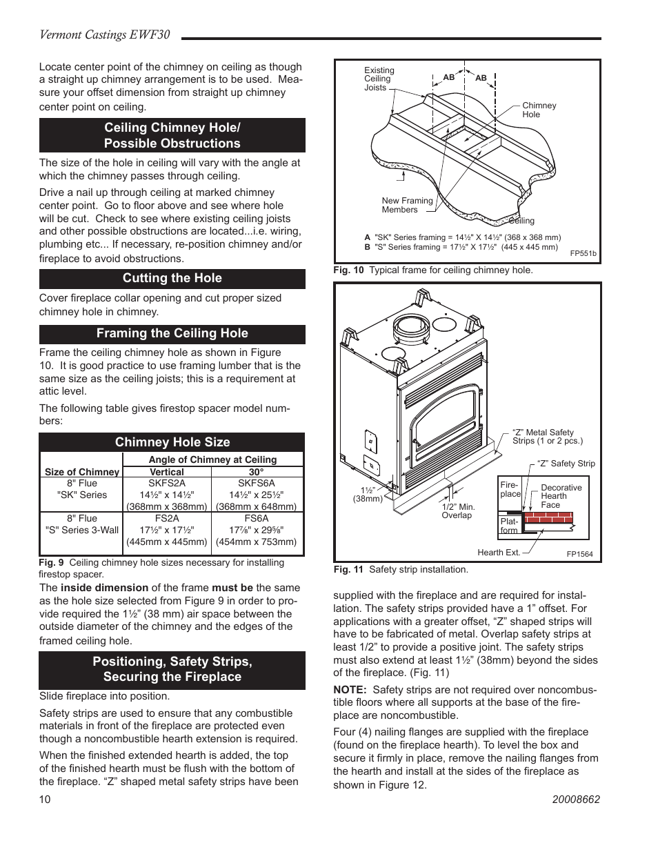 Vermont castings ewf30, Ceiling chimney hole/ possible obstructions, Cutting the hole | Framing the ceiling hole, Positioning, safety strips, securing the fireplace, Chimney hole size | Vermont Casting EWF30 User Manual | Page 10 / 32