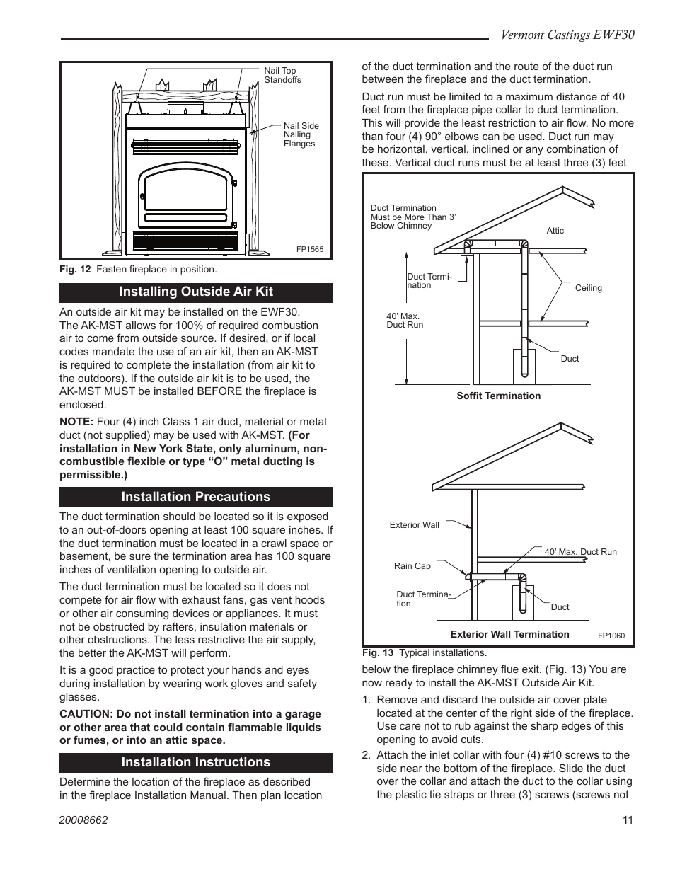 Vermont castings ewf30, Installing outside air kit, Installation precautions | Installation instructions | Vermont Casting EWF30 User Manual | Page 11 / 32