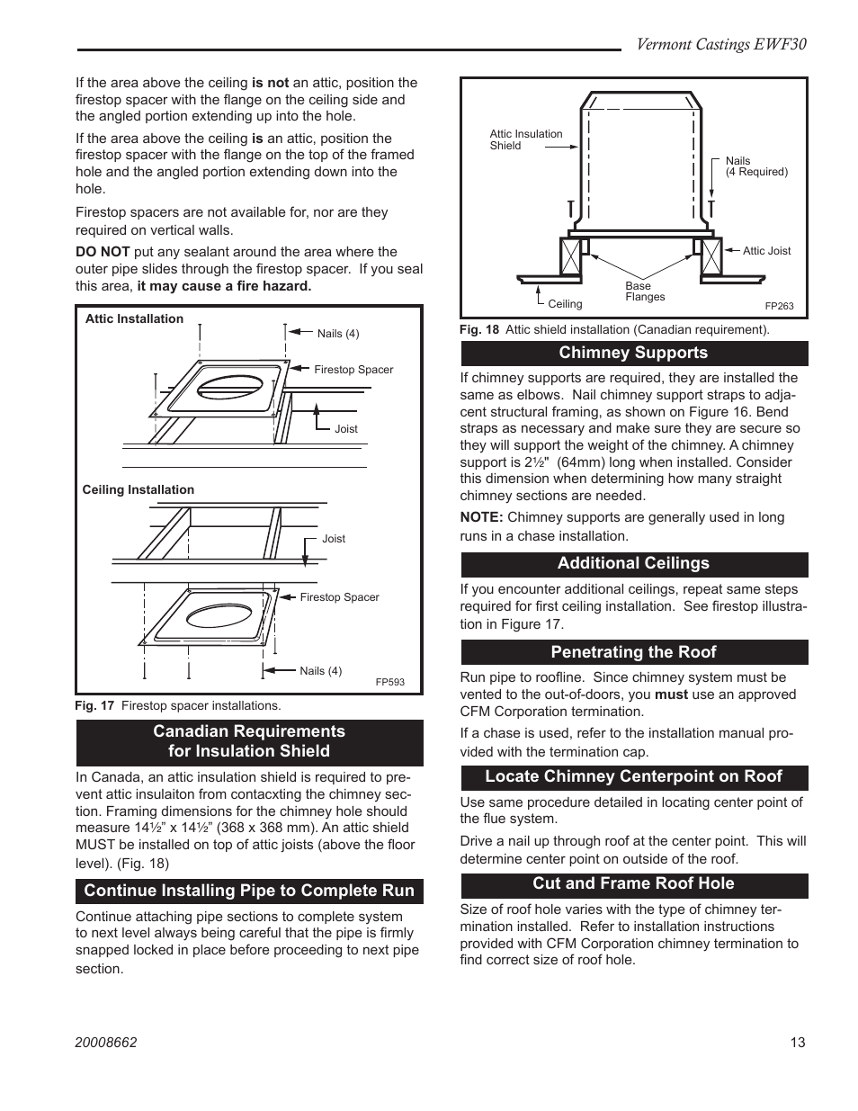 Vermont castings ewf30, Canadian requirements for insulation shield, Continue installing pipe to complete run | Chimney supports, Additional ceilings, Penetrating the roof, Locate chimney centerpoint on roof, Cut and frame roof hole | Vermont Casting EWF30 User Manual | Page 13 / 32