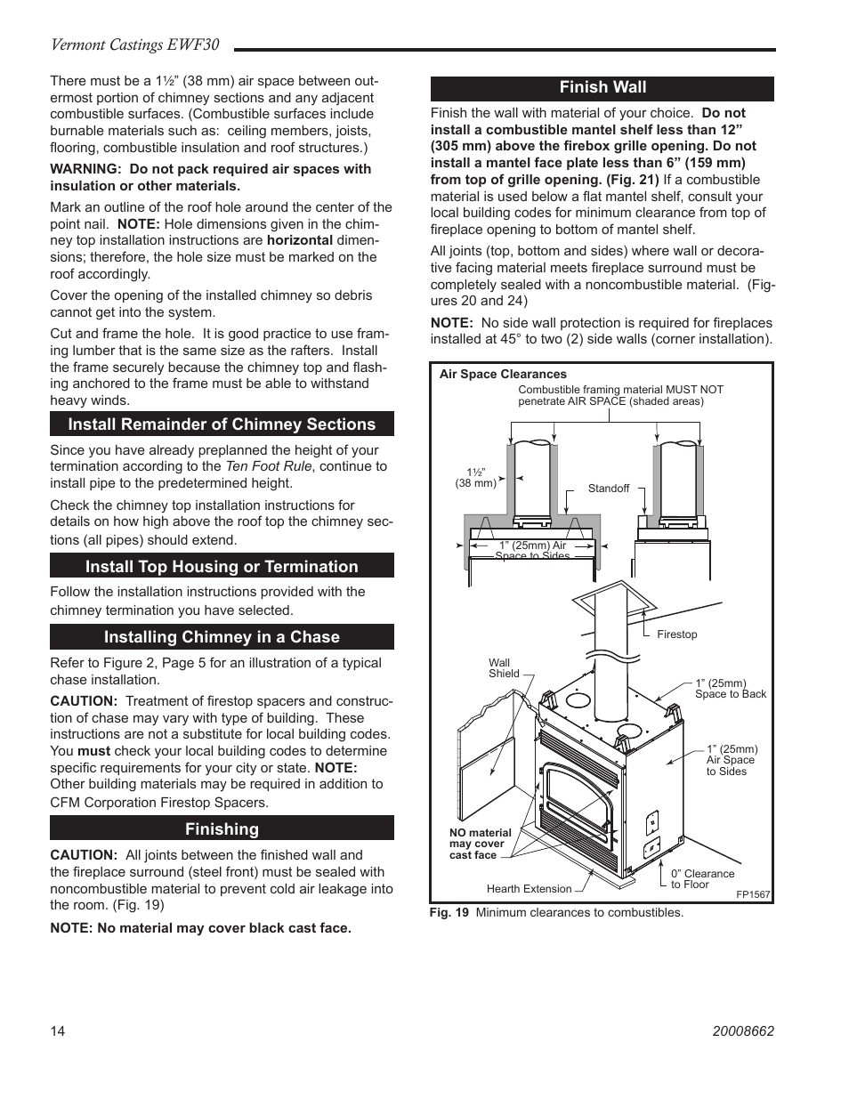 Vermont castings ewf30, Install top housing or termination, Installing chimney in a chase | Finishing, Finish wall | Vermont Casting EWF30 User Manual | Page 14 / 32