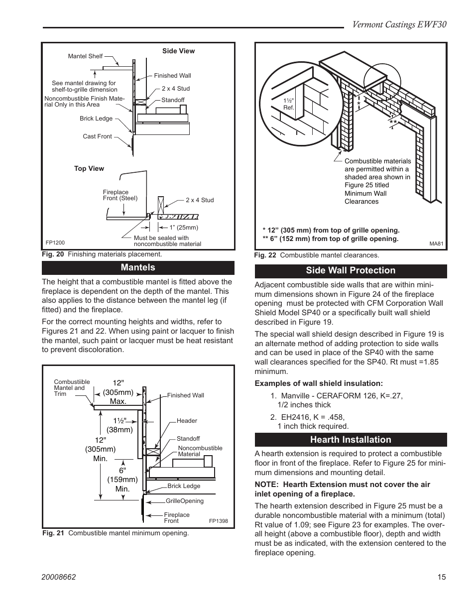 Vermont castings ewf30, Mantels, Side wall protection | Hearth installation | Vermont Casting EWF30 User Manual | Page 15 / 32