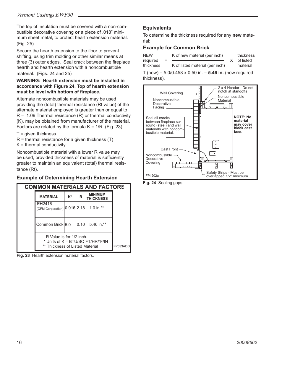 Vermont castings ewf30, Common materials and factors, Example for common brick | Vermont Casting EWF30 User Manual | Page 16 / 32
