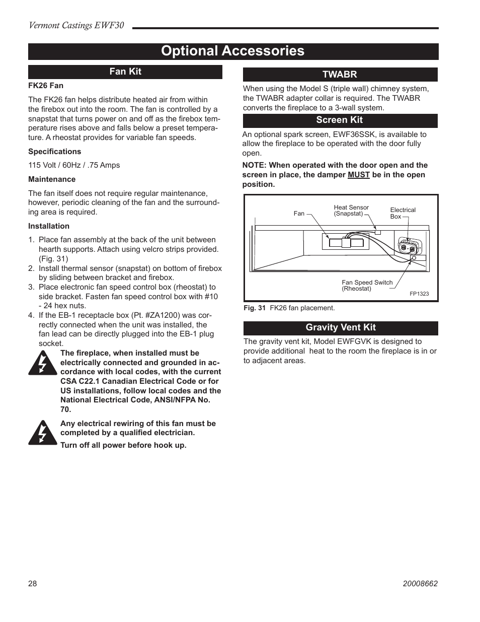 Optional accessories | Vermont Casting EWF30 User Manual | Page 28 / 32