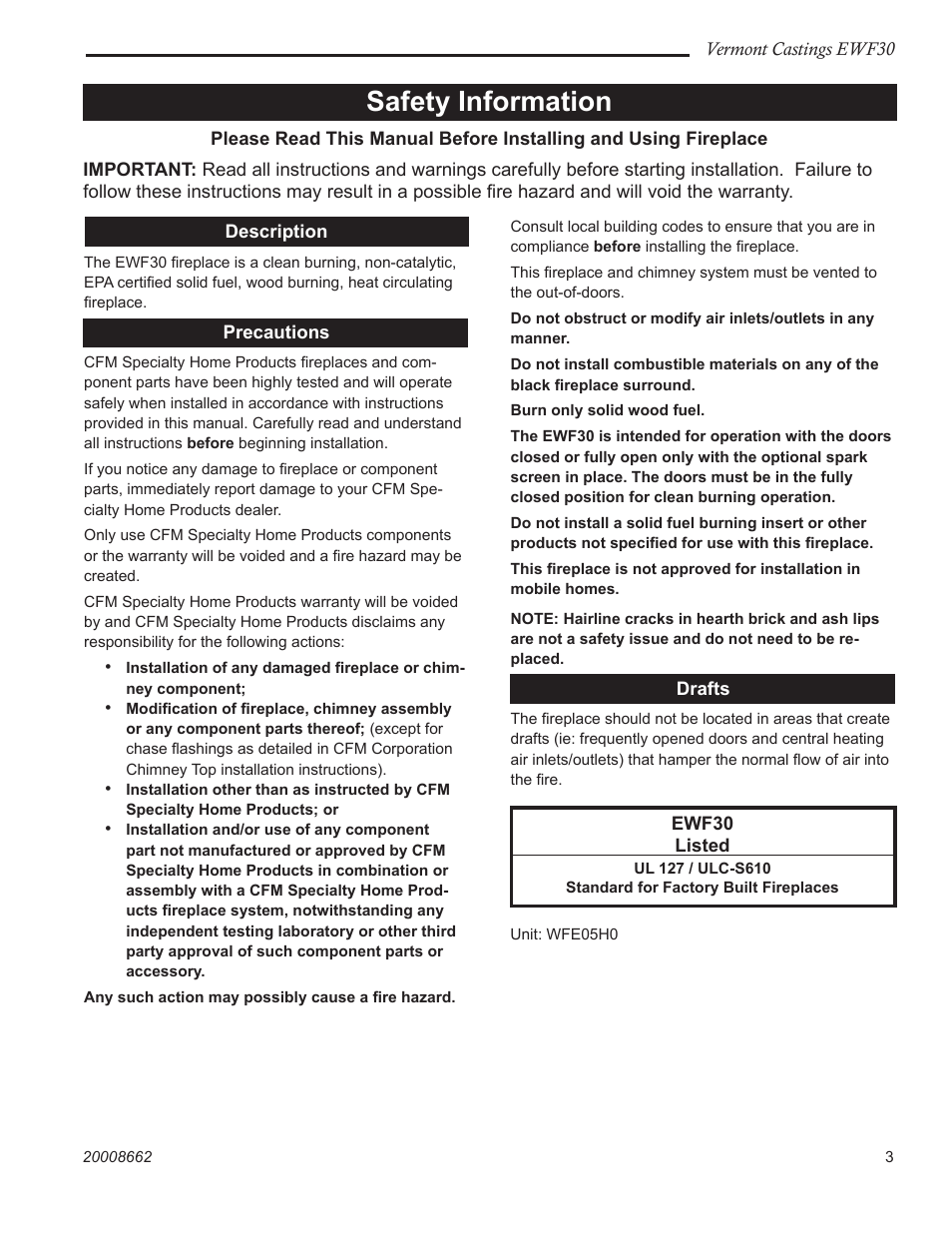 Safety information | Vermont Casting EWF30 User Manual | Page 3 / 32