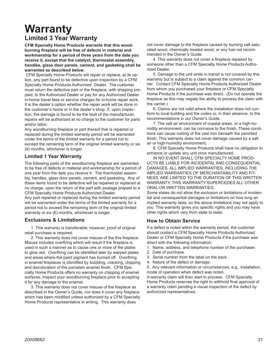 Warranty, Limited 3 year warranty | Vermont Casting EWF30 User Manual | Page 31 / 32