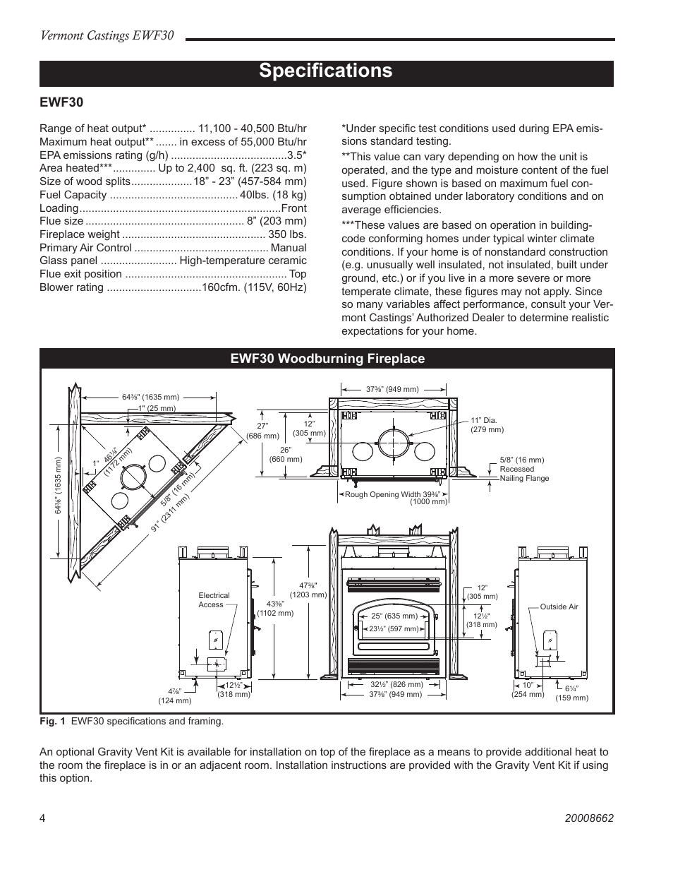 Speciﬁcations, Vermont castings ewf30, Ewf30 ewf30 woodburning fireplace | Vermont Casting EWF30 User Manual | Page 4 / 32