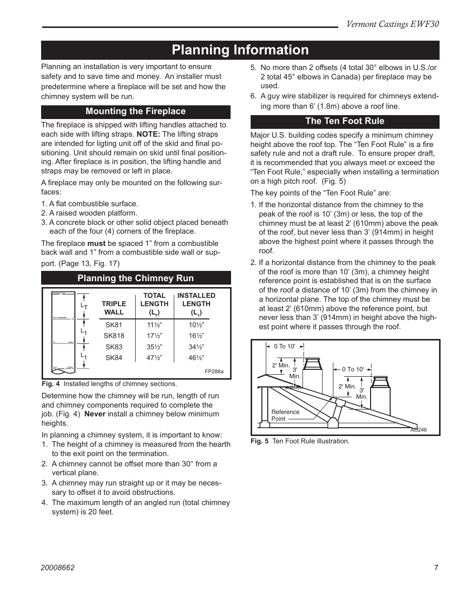 Planning information, Vermont castings ewf30, The ten foot rule | Mounting the fireplace, Planning the chimney run | Vermont Casting EWF30 User Manual | Page 7 / 32