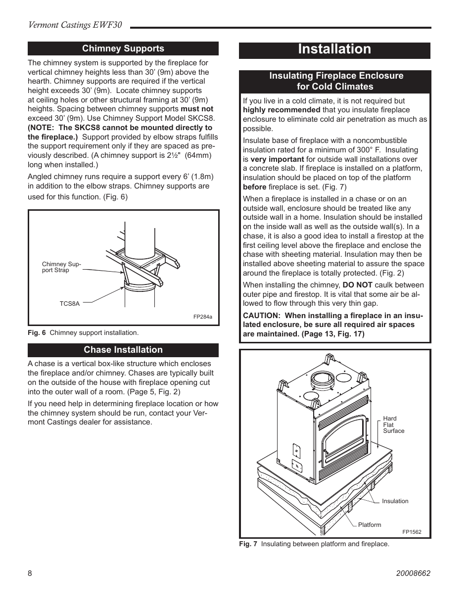 Installation, Vermont castings ewf30, Chimney supports | Chase installation, Insulating fireplace enclosure for cold climates | Vermont Casting EWF30 User Manual | Page 8 / 32