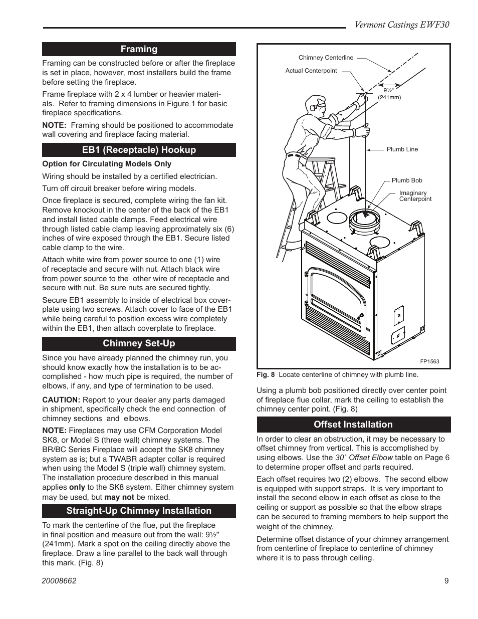 Vermont castings ewf30, Framing, Eb1 (receptacle) hookup | Chimney set-up, Straight-up chimney installation, Offset installation | Vermont Casting EWF30 User Manual | Page 9 / 32