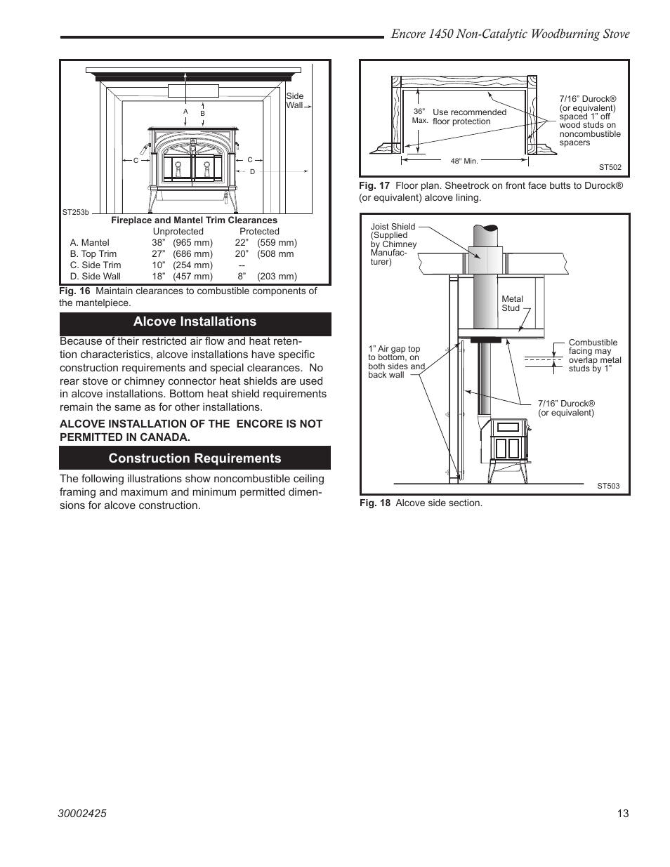 Encore 1450 non-catalytic woodburning stove, Alcove installations, Construction requirements | Vermont Casting 1450 User Manual | Page 13 / 36