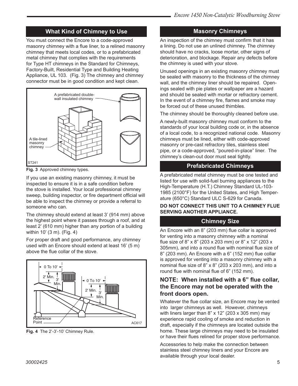 Encore 1450 non-catalytic woodburning stove, What kind of chimney to use, Masonry chimneys | Prefabricated chimneys, Chimney size | Vermont Casting 1450 User Manual | Page 5 / 36